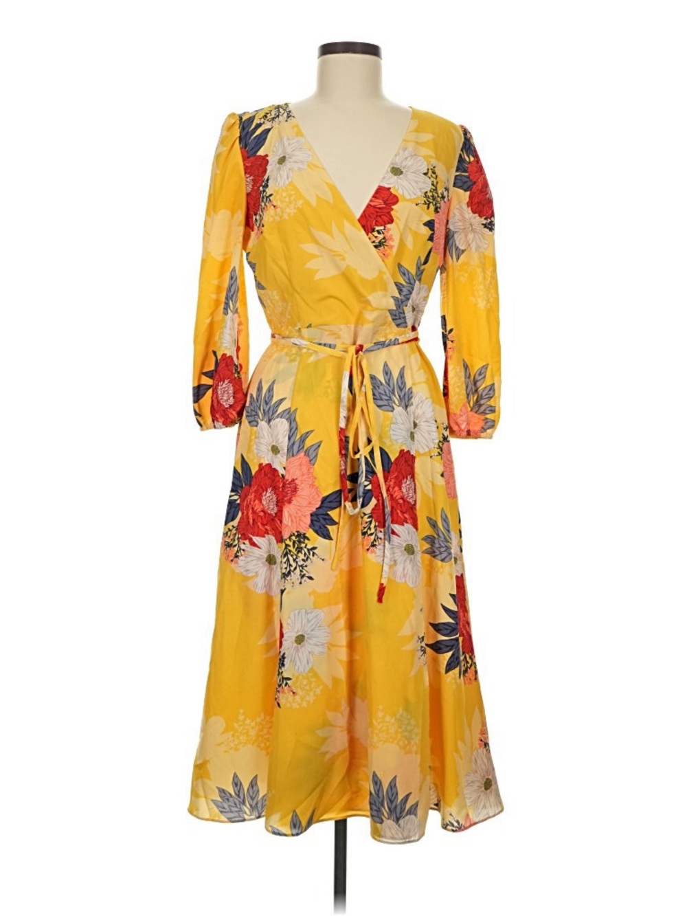 Eliza J Faux Wrap Yellow Floral Print Midi Dress Size 8P